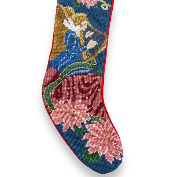 Vintage Heavenly Angel Harp Christmas Stocking Wool Needlepoint Velvet 22 Inch - Picture 4 of 5